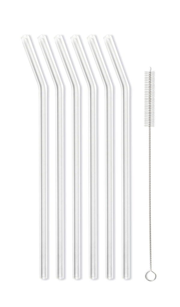 Słomki szklane transparent zakrzywione 23cm zestaw 6 sztuk ze szczoteczką 26629