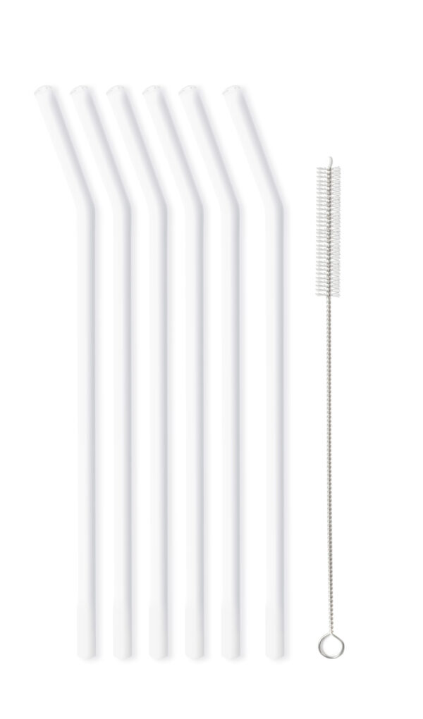 Słomki szklane białe zakrzywione 23cm zestaw 6 sztuk ze szczoteczką 26643