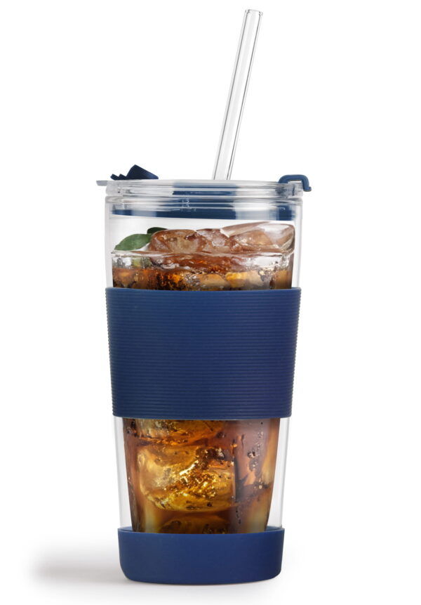 Kubek termiczny szklany ze słomką 600 ml granatowy Fuori 30381
