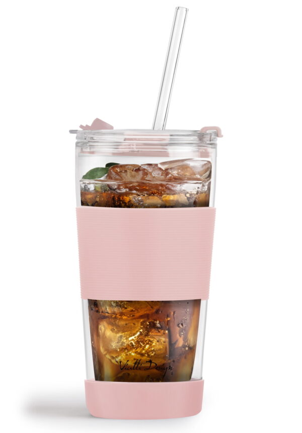 Kubek termiczny szklany ze słomką 600 ml różowy Fuori 30411