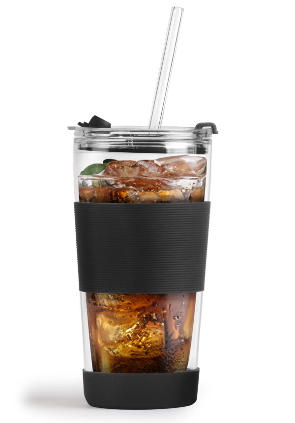 Kubek termiczny szklany ze słomką 600 ml czarny Fuori 30374